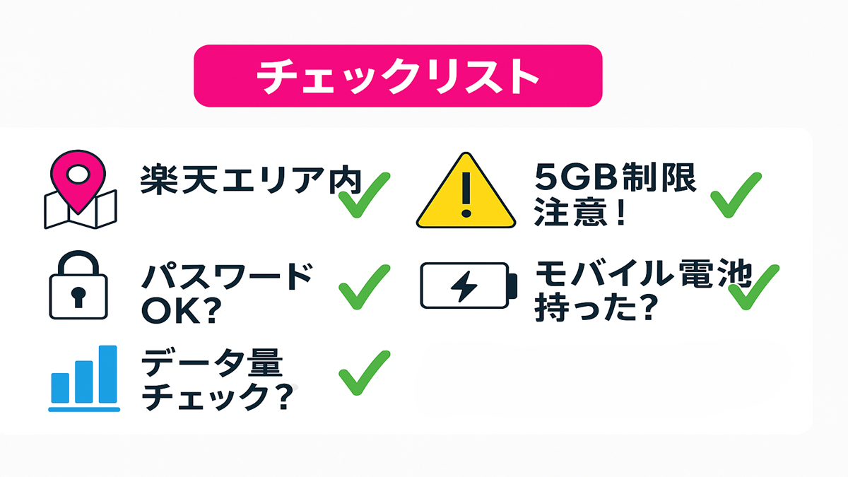楽天モバイルのテザリング利用時に確認すべきポイントをまとめたチェックリスト。楽天エリア内か、5GB制限への注意、パスワード設定、モバイルバッテリーの持参、データ使用量のチェック、接続方法の使い分けなど6項目をアイコン付きで視覚的に解説。
