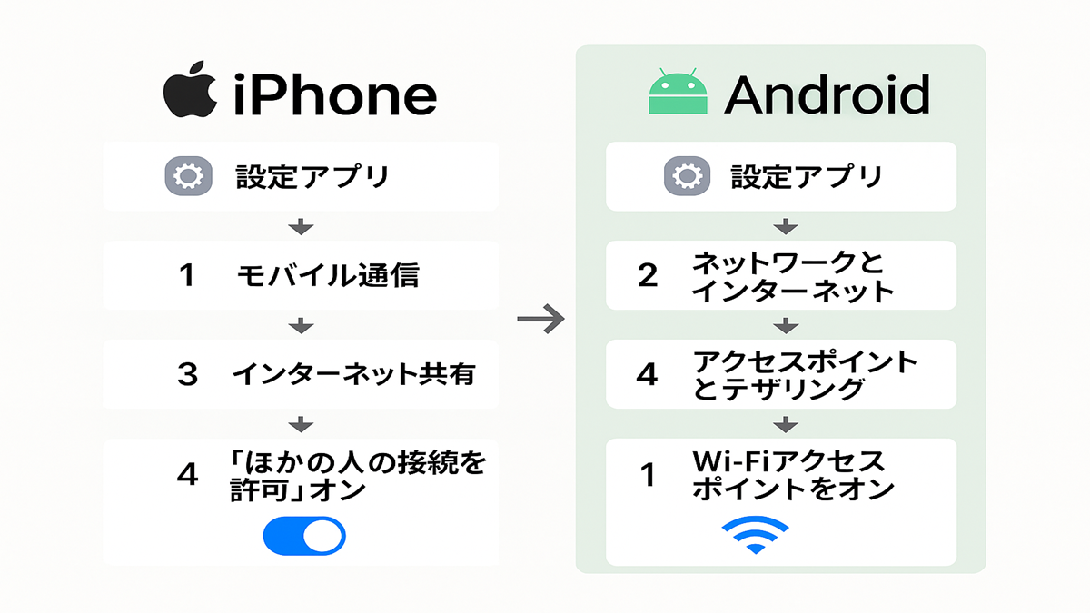 iPhoneとAndroidで楽天モバイルのテザリングを設定する手順を比較した図。iPhoneは設定アプリからモバイル通信、インターネット共有、「ほかの人の接続を許可」をオンに設定。Androidは設定アプリからネットワークとインターネット、アクセスポイントとテザリング、Wi-Fiアクセスポイントをオンにする手順を示す。