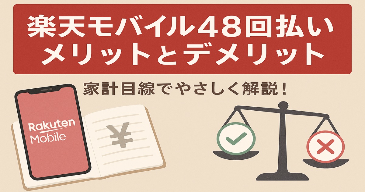 楽天モバイルのスマートフォンと家計簿、天秤に「メリット」と「デメリット」を表す丸いマークが描かれ、「楽天モバイル48回払い メリットとデメリット 家計目線でやさしく解説！」と書かれた横長のおしゃれなバナー画像。