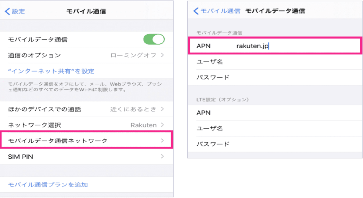 iPhone設定アプリの「モバイル通信」画面左側に「モバイルデータ通信」がONのトグルが表示され、その下の「モバイルデータ通信ネットワーク」項目がピンク枠で強調されているスクリーンショット。右側には「APN rakuten.jp」と入力されたフィールドがピンク枠で囲まれ、その下に「ユーザ名」「パスワード」などの設定欄が続いている様子
