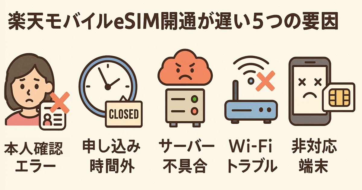 楽天モバイルのeSIM開通が遅れる主な5つの要因をイラスト付きで説明した横長の図解バナー。中央に「本人確認エラー」「申し込み時間外」「サーバー不具合」「Wi-Fiトラブル」「非対応端末」の5項目が、それぞれわかりやすいアイコンと日本語テキストで並んでいる。