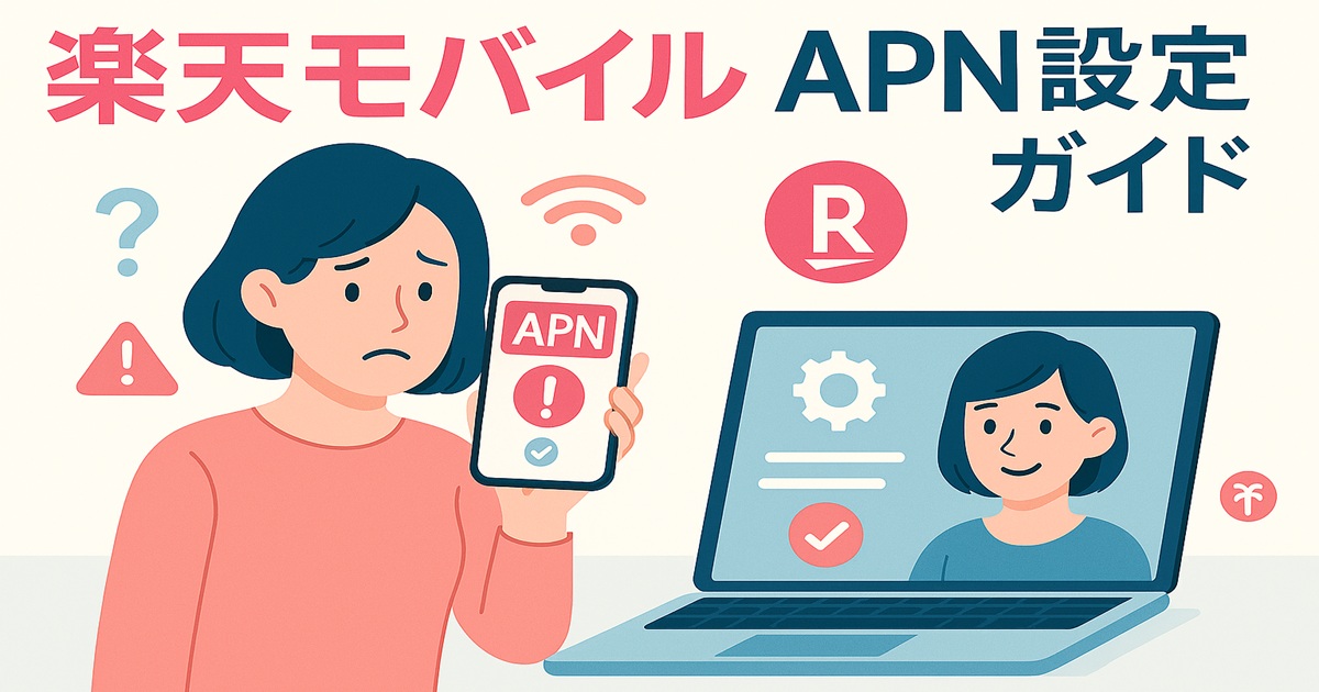 楽天モバイル APN設定ガイド」というタイトルとともに、スマートフォンとノートパソコンが並ぶ明るいおしゃれなイラスト。左側にやさしい雰囲気の若者、右側にはスマホの電波アイコンや設定画面が描かれ、清潔感と安心感のあるミニマルなデザイン。