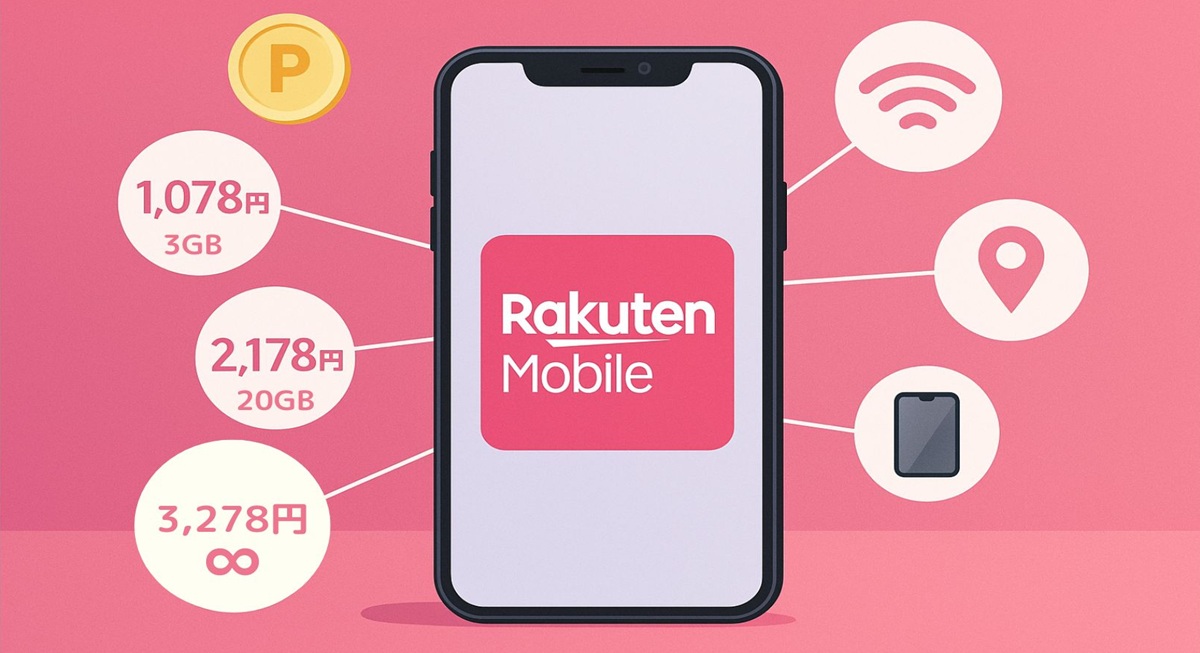 背景に楽天マゼンタのグラデーション、中央にスマートフォンのシルエットと“Rakuten Mobile”ロゴ、左側に“3GBまで1,078円”“20GBまで2,178円”“無制限3,278円”の吹き出しアイコン、右側にeSIM・Wi-Fi・ポイントアイコンを配置し、『無制限』の吹き出しも含む、楽天モバイルの料金と特徴を一目で伝えるデザイン