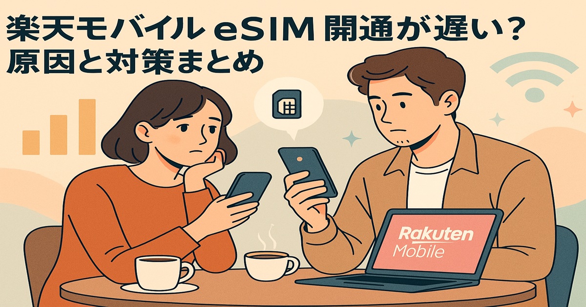 楽天モバイルのeSIM開通で悩む男女がカフェでスマホやノートPCを見つめている、おしゃれなイラスト。背景にデジタルSIMや電波をイメージしたデザインが描かれている。