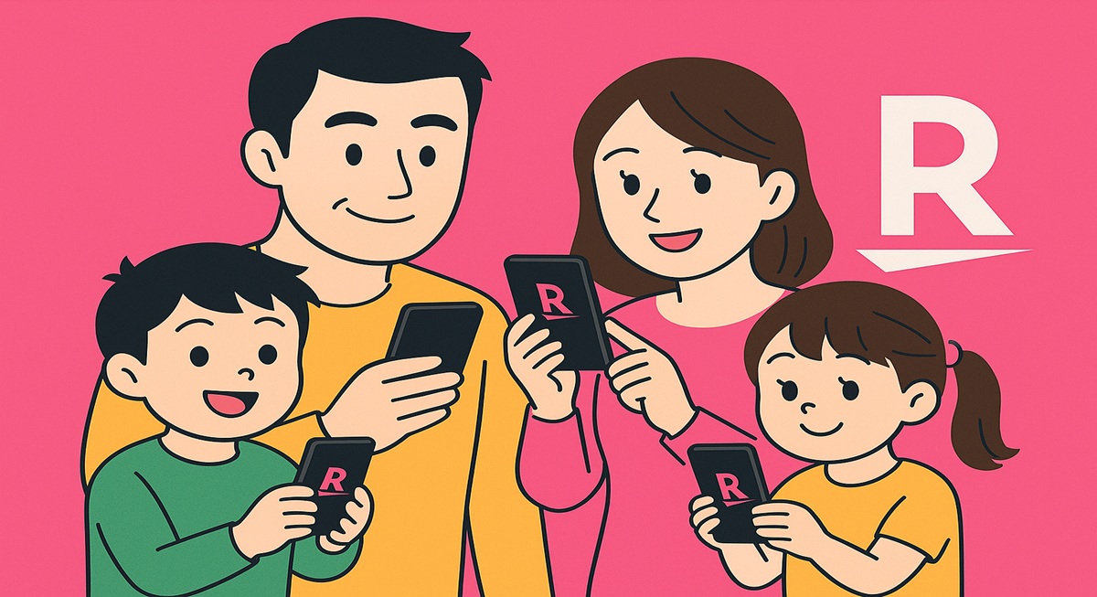 楽天モバイルのロゴを背に、スマホを手に笑顔で並ぶ4人家族（父・母・息子・娘）をマゼンタ色の背景に描いたフラットイラスト