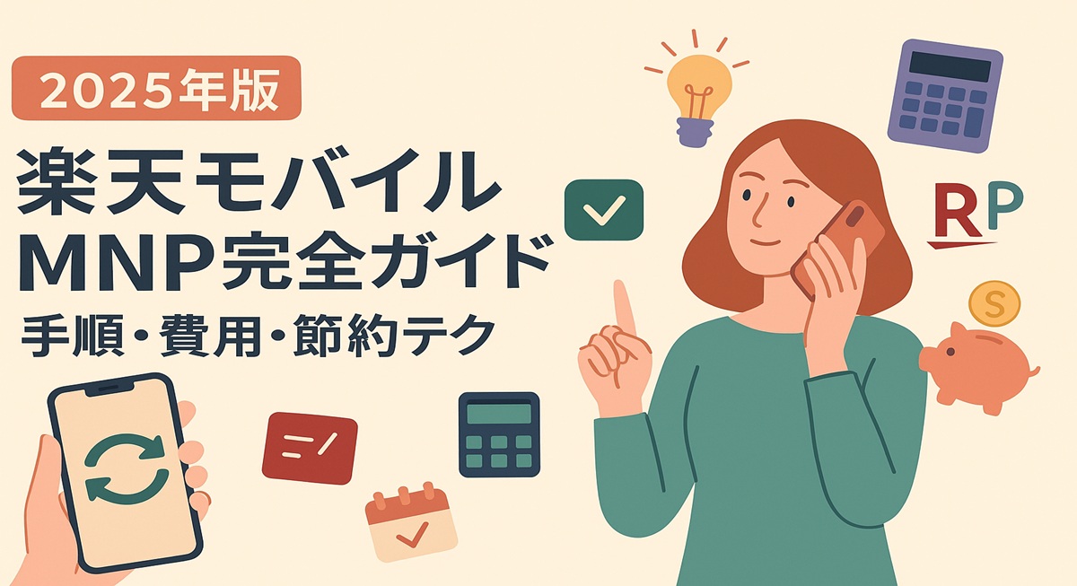 楽天モバイルから他社へ番号をそのまま乗り換える手順やポイント活用術をおしゃれに表現したイラスト。スマートフォン、楽天カラーのモチーフ、チェックリスト風のUIが描かれ、初心者でも安心して読める印象を与える横長デザイン。