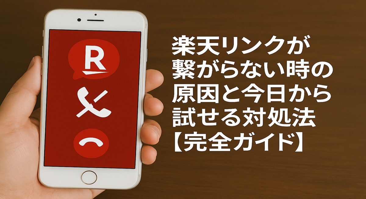 手に持ったスマートフォンの画面に、楽天リンクの赤い背景上に通話アイコンと不通を示す×マークが表示され、その右側に「楽天リンクが繋がらない時の原因と今日から試せる対処法【完全ガイド】」と白抜き文字で大きく書かれたアイキャッチ画像