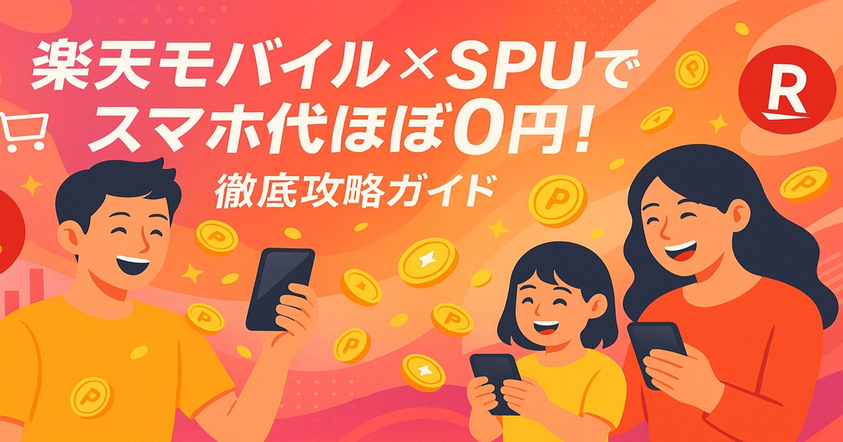 楽天モバイルとSPUでスマホ代がほぼ0円になることを伝える、家族がスマホを持って笑顔でいるポップな横長バナー。
