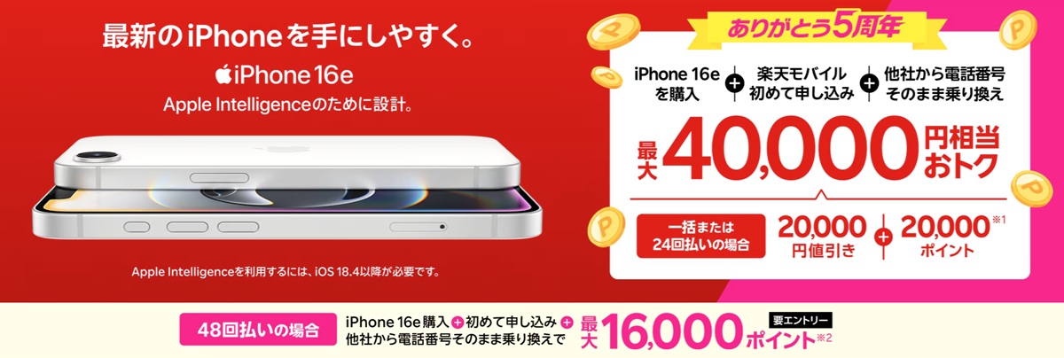 楽天モバイルiPhone16eのキャンペーン告知バナー画像。赤を基調としたデザインで、中央にiPhone16e本体の写真、上部に“最新のiPhoneを手にしやすく。”のキャッチコピーとApple Intelligence対応の記載。右側には『iPhone16e購入+楽天モバイル初めて申し込み+他社から乗り換えで最大40,000円相当おトク』と大きく表示されている。一括または24回払いは値引き2万円+ポイント2万、48回払いは最大16,000ポイント還元が強調されている。