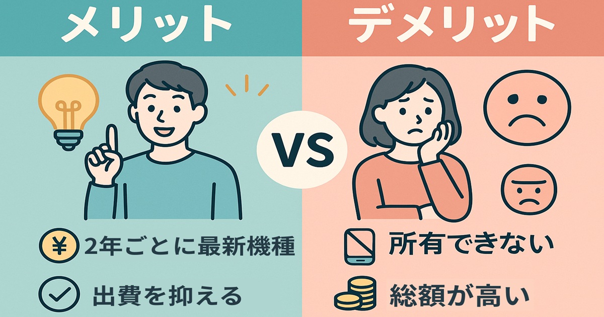 48回払い（買い替え超トクプログラム）のメリットとデメリットを左右で比較したバナー。左側は『メリット』として、最新機種・出費をおさえる等のアイコンと説明があり、右側は『デメリット』として、所有できない・総額が高い等のアイコンと説明が並ぶ。中央に“VS”の文字。