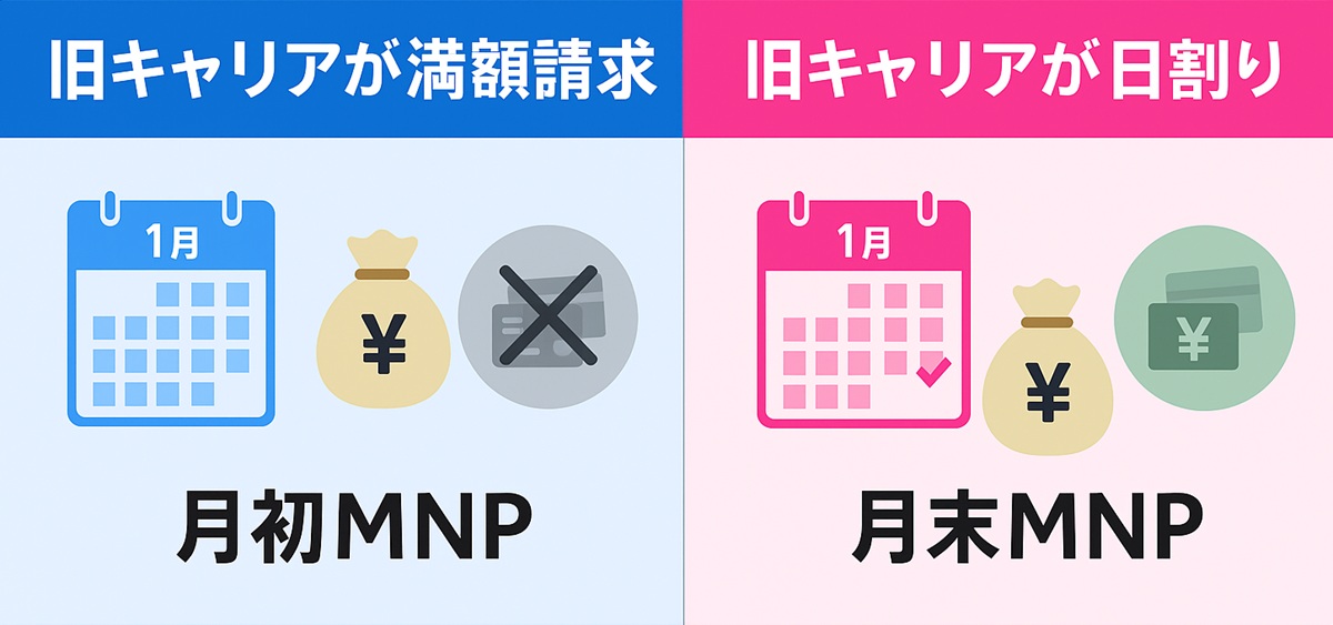 旧キャリアが満額請求の場合と日割りの場合のMNPタイミングを比較したバナー。左は青色で月初MNP・満額請求・二重課金イメージ、右はピンクで月末MNP・日割り・支払い最小イメージをアイコンで表現。