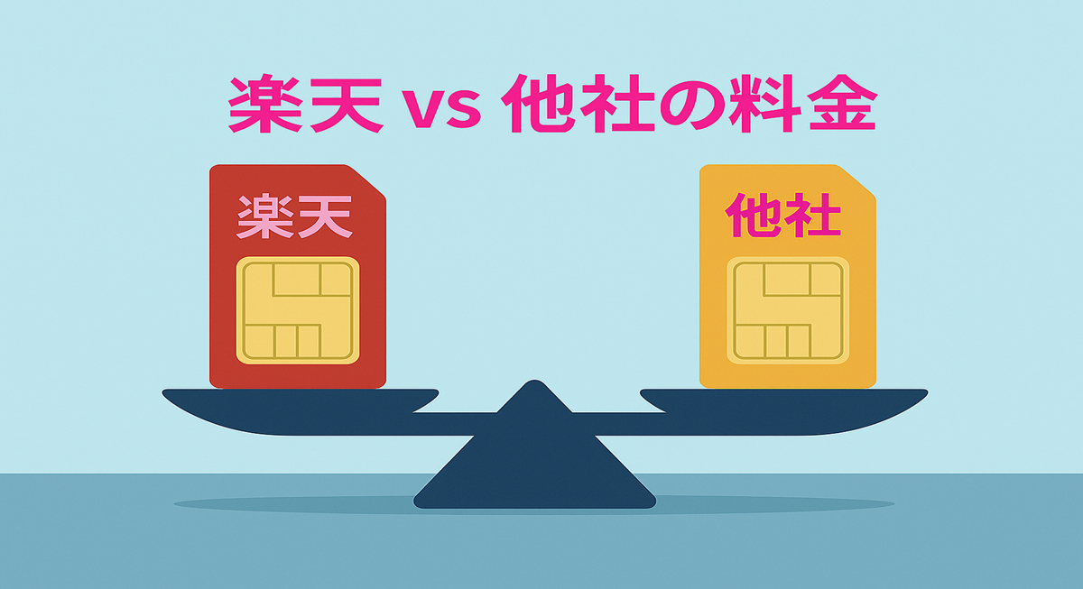 赤い楽天SIMと黄色い他社SIMが天秤に乗ってバランスを取っている図。上部には「楽天 vs 他社の料金」というピンクの文字が表示されている比較イラスト。