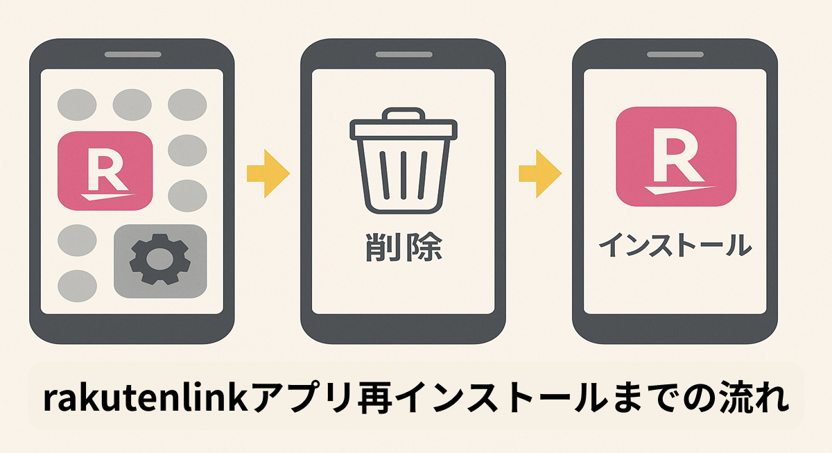 水平に並んだ3台のスマートフォンのイラスト。左端はホーム画面に大きな楽天リンクのアイコン、中央はゴミ箱アイコンと「削除」の文字、右端は楽天リンクアイコンと「インストール」の文字が表示され、「rakutenlinkアプリ再インストールまでの流れ」と説明されたビジュアル
