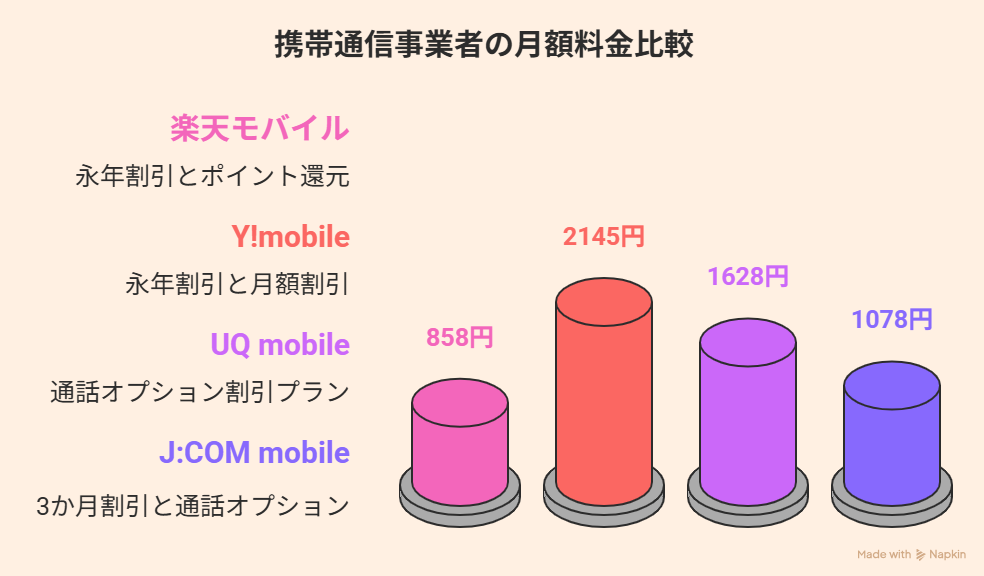 楽天モバイル、Y!mobile、UQ mobile、J:COM mobileの月額料金を棒グラフで比較した図。3GB相当の実質料金として楽天モバイルが最も安く858円、他社はそれぞれ1,078円～2,145円となっている。
