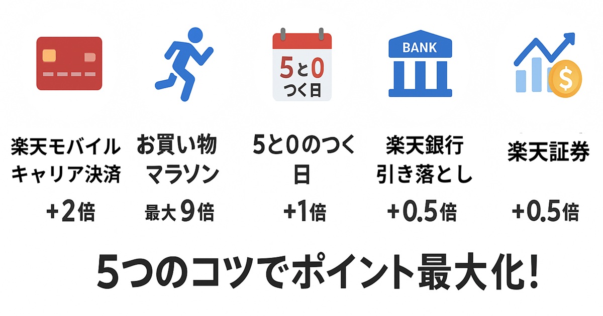 楽天ポイントを最大化するための5つのコツをアイコン付きで紹介した横長バナー。左から「楽天モバイルキャリア決済＋2倍」「お買い物マラソン最大9倍」「5と0のつく日＋1倍」「楽天銀行引き落とし＋0.5倍」「楽天証券＋0.5倍」が並び、下部に「5つのコツでポイント最大化！」と強調されている。