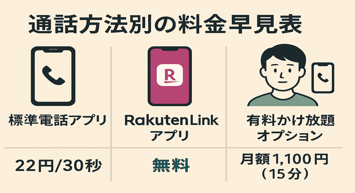 「標準電話アプリ・Rakuten Linkアプリ・有料かけ放題オプション」の3つの通話方法をアイコンと料金で比較した図解。料金の違いが一目でわかるように構成されている。