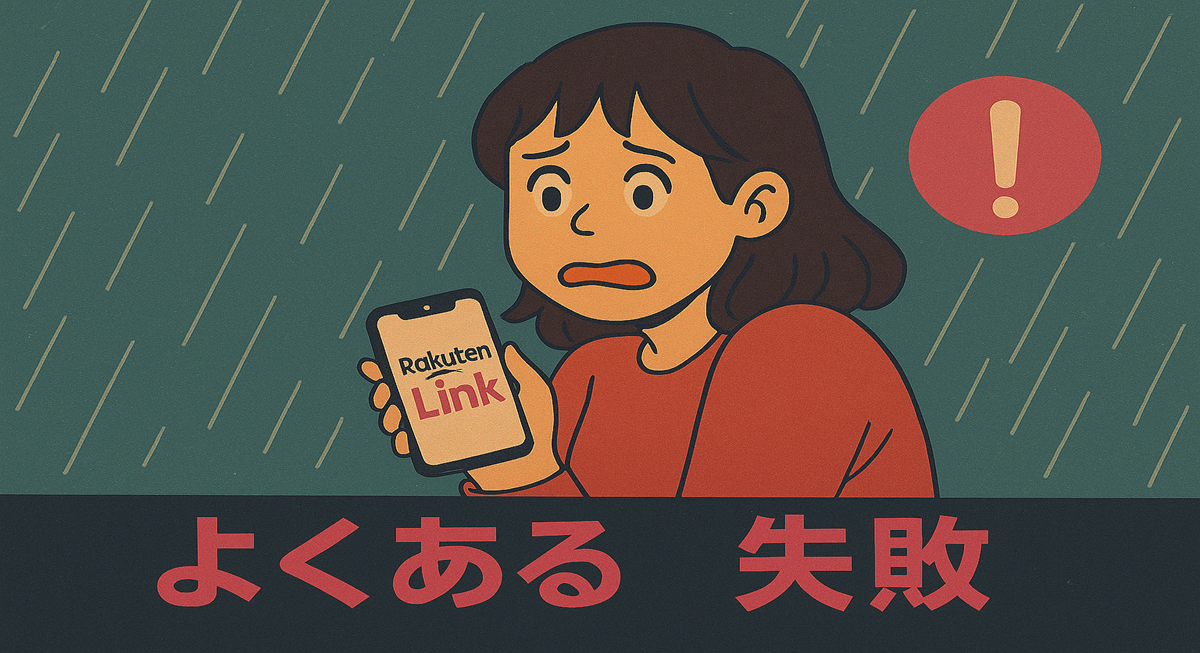 Rakuten Linkアプリを見ながら困惑する女性。背景には雨と赤い警告マークが描かれ、『よくある失敗』の文字が下部に表示されている図解イラスト