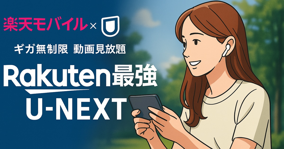 イラスト調の女性がワイヤレスイヤホンを付けてスマートフォンで動画を楽しむ様子。左側に「楽天モバイル×U-NEXT」「ギガ無制限 動画見放題」「Rakuten最強U-NEXT」のロゴとキャッチコピーが大きく表示されている、コラボキャンペーンのプロモーション画像。
