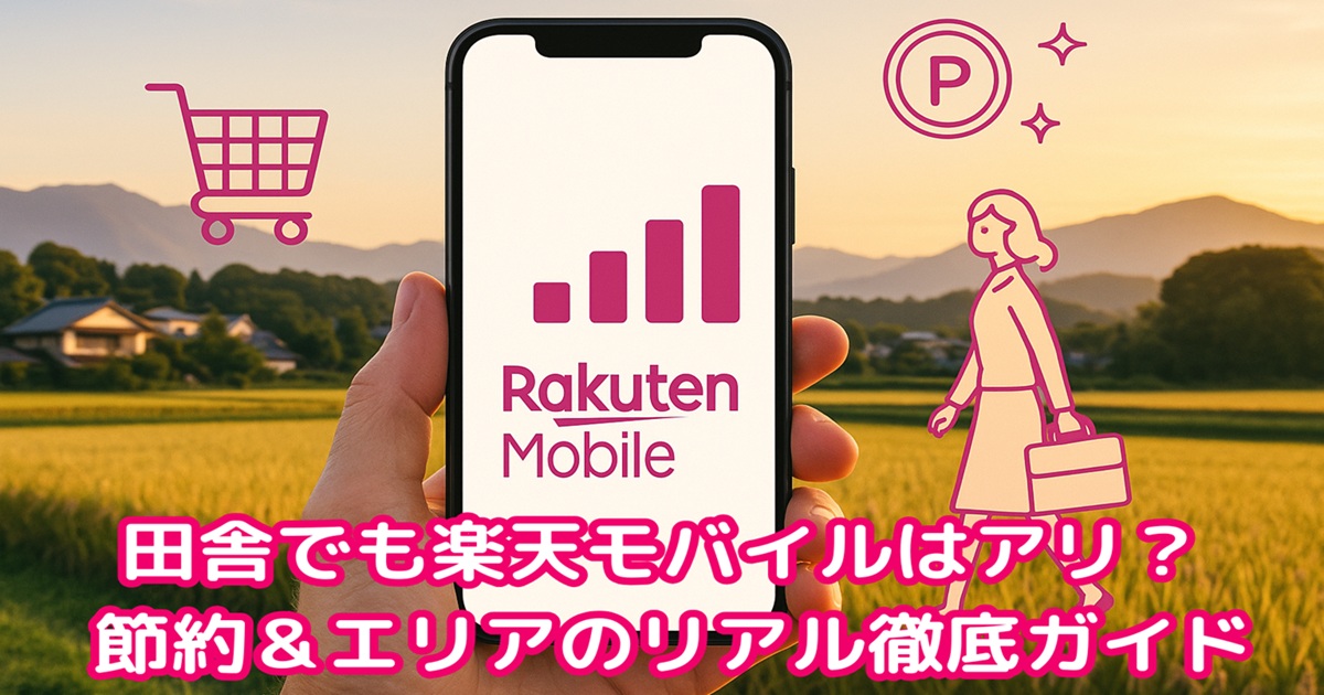 田舎の田園風景を背景に、手に持ったスマホに「Rakuten Mobile」のロゴ。買い物カートや女性のイラストが配置され、「田舎でも楽天モバイルはアリ？節約＆エリアのリアル徹底ガイド」のタイトル入り。