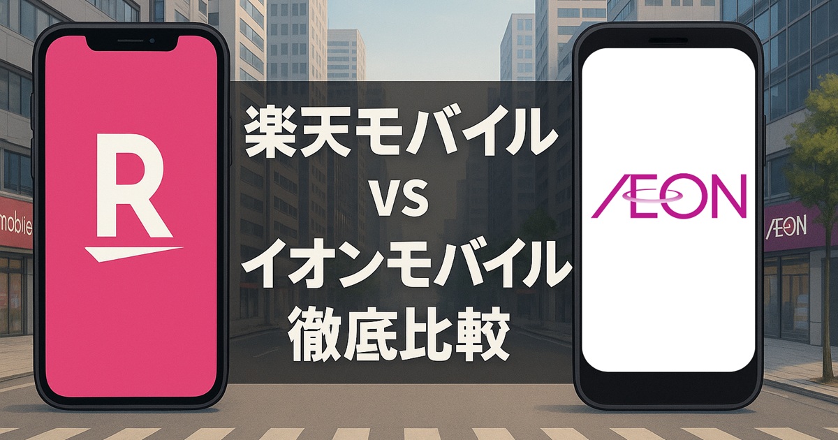 都市のビル街を背景に、左右に並んだスマートフォン画面にはそれぞれ楽天モバイル（左）とイオンモバイル（右）のロゴが表示され、中央に半透明の黒い帯上に大きく「楽天モバイル vs イオンモバイル 徹底比較」と白抜き文字で書かれた横長のバナー画像。