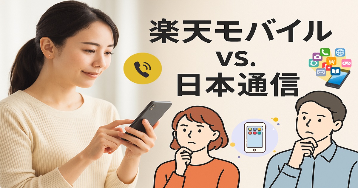 「楽天モバイル vs. 日本通信」比較をテーマにしたアイキャッチ画像。スマホを操作する女性の写真の隣に、男女のイラストがスマホ選びに悩む様子を描写。背景には通話やアプリのアイコンも配置されており、リアルとイラストが融合した構成。