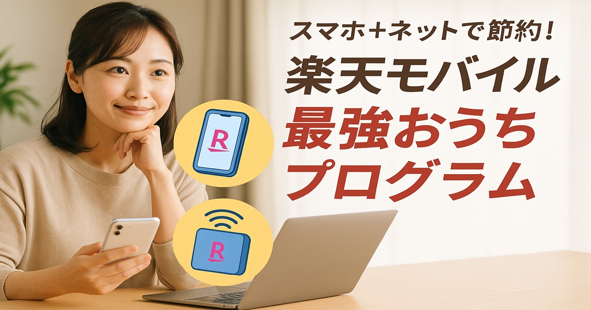 家のリビングでスマホとWi-Fiルーターを使っている主婦と家族を中心に、リアルな写真風の室内にイラスト調の楽天モバイル・楽天ひかり・Rakuten Turboのアイコンやロゴ、ポイント還元イメージが重なる、明るくポップな雰囲気の横長アイキャッチ画像
