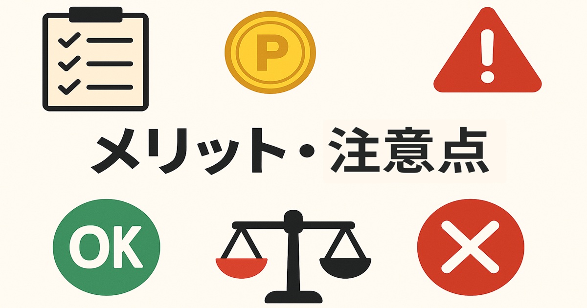 「メリット・注意点」と中央に書かれ、チェックリスト、ポイント、注意マーク、OK・NGマーク、天秤などのアイコンが散りばめられたバナー画像。