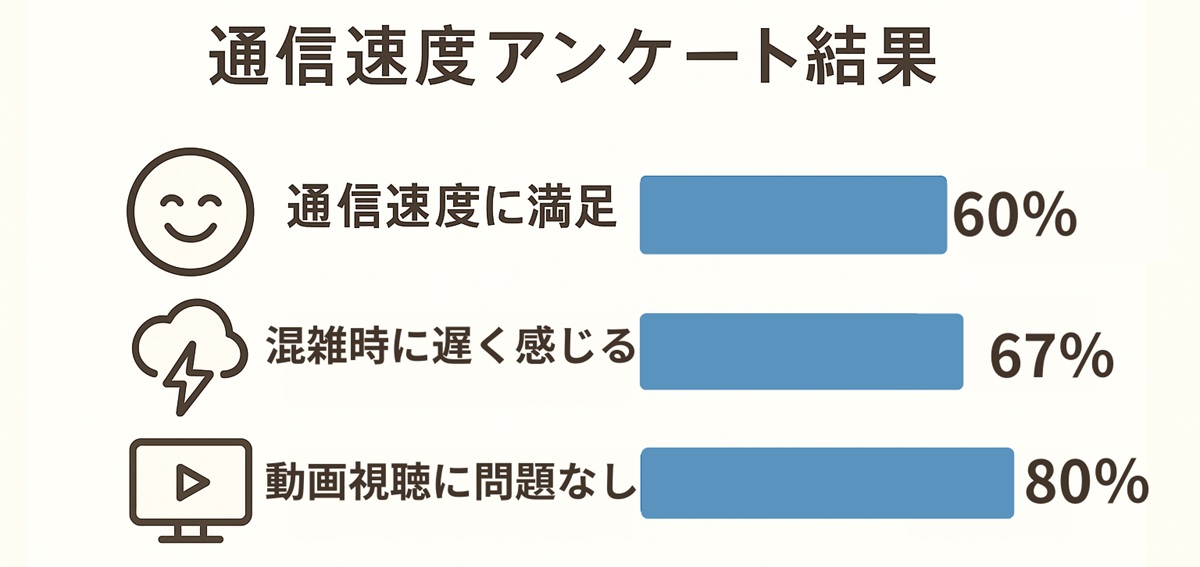 楽天モバイルの通信速度に関するアンケート結果を示す棒グラフ。「通信速度に満足」60%、「混雑時に遅く感じる」67%、「動画視聴に問題なし」80%のデータ。