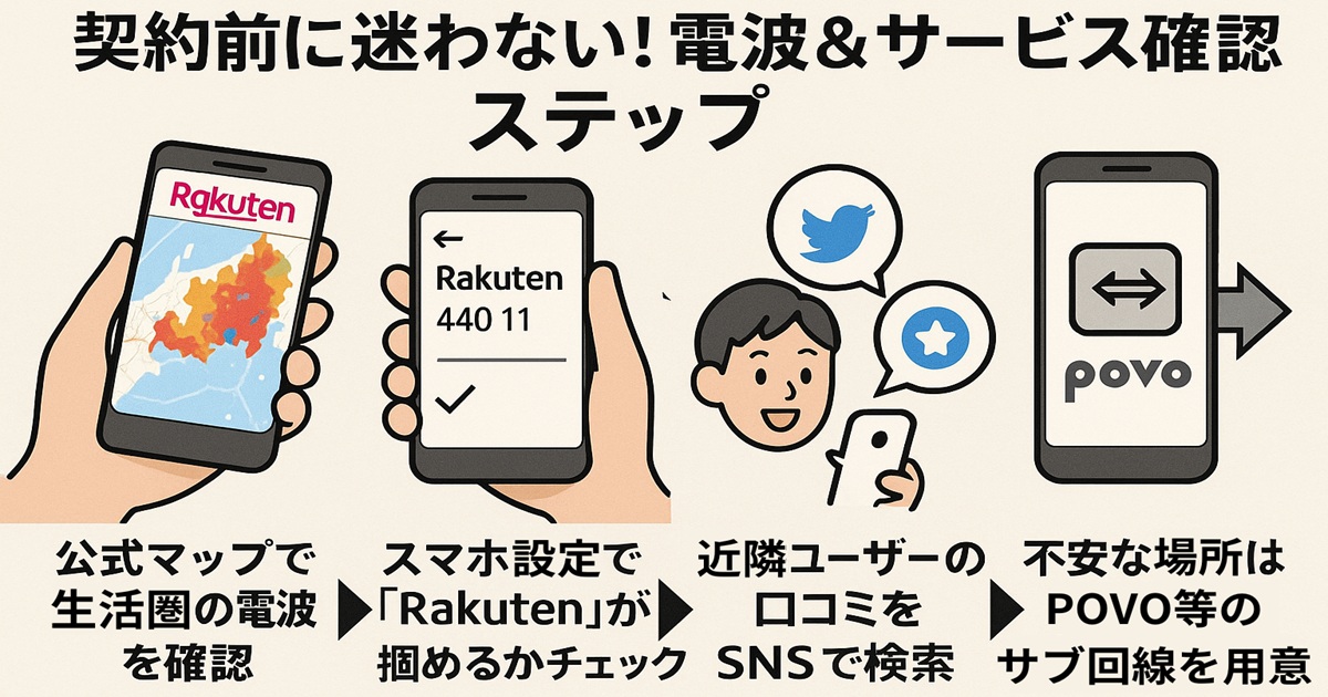 楽天モバイル契約前に確認すべき4ステップをスマホとイラストで解説した図解バナー。公式マップ確認、手動検索、SNS口コミ、サブ回線用意の流れを視覚化。
