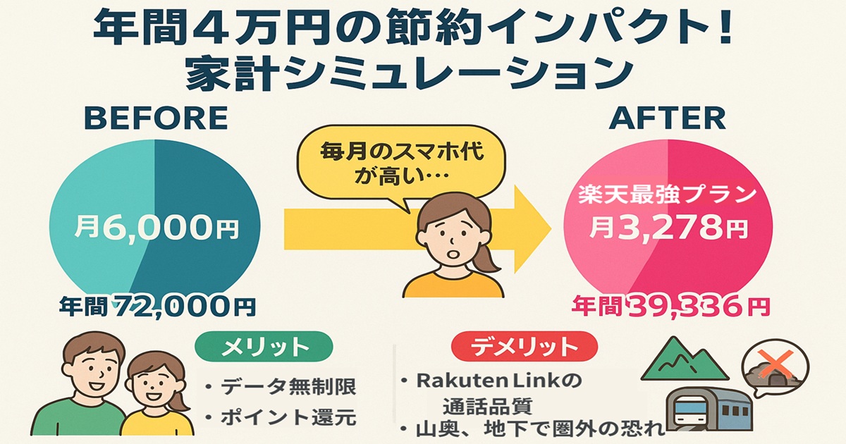 楽天モバイル利用による年間約4万円の節約効果を示す家計シミュレーションの円グラフ。従来の月額6,000円から楽天最強プラン月額3,278円への変更で、メリット・デメリットも解説。
