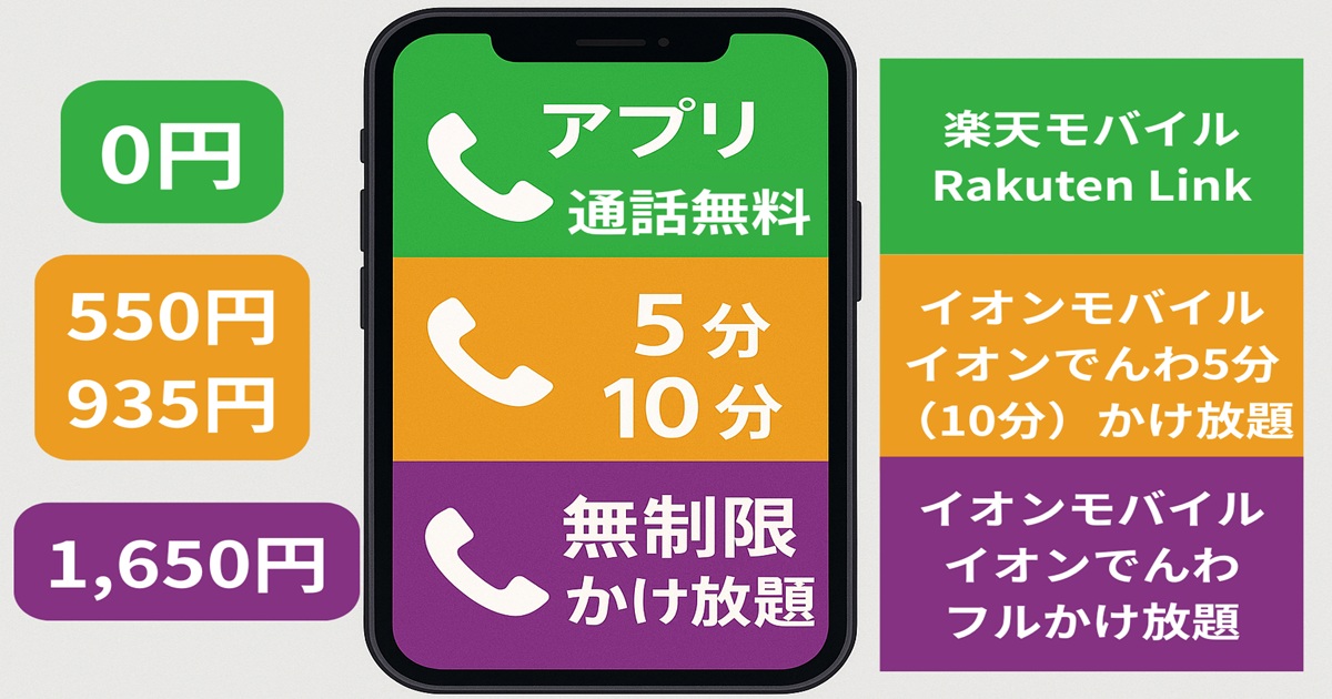 スマートフォン画面内に「アプリ通話無料」「5分・10分かけ放題」「無制限かけ放題」の3区分が色分け表示され、各オプションの料金や対象サービス（楽天モバイル・イオンモバイル）が整理された図解バナー。