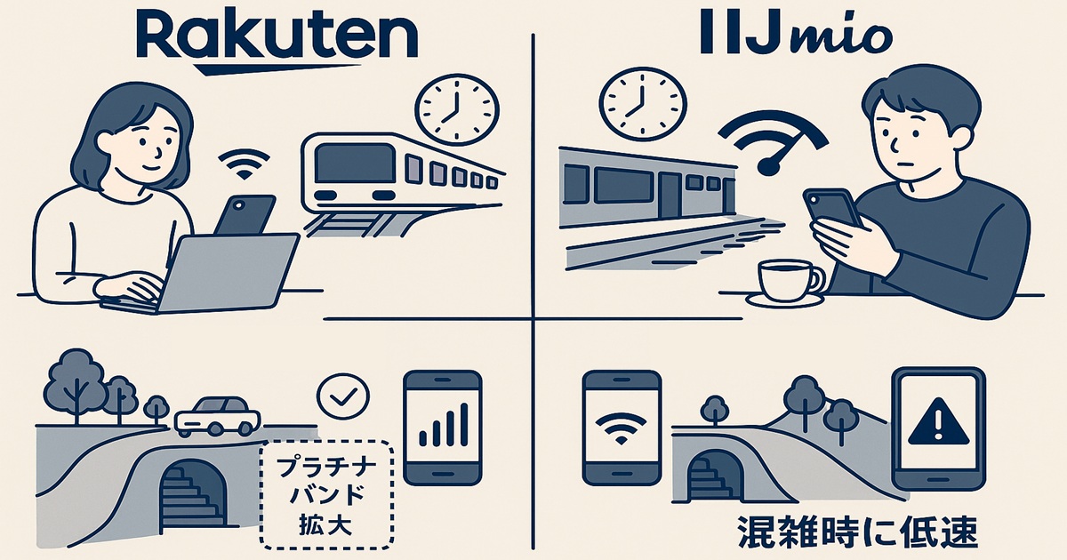 楽天モバイルとIIJmioの通信速度やエリア品質をカフェや電車、郊外などのイラストで比較した図。楽天はプラチナバンド拡大、IIJmioは混雑時に低速を強調。