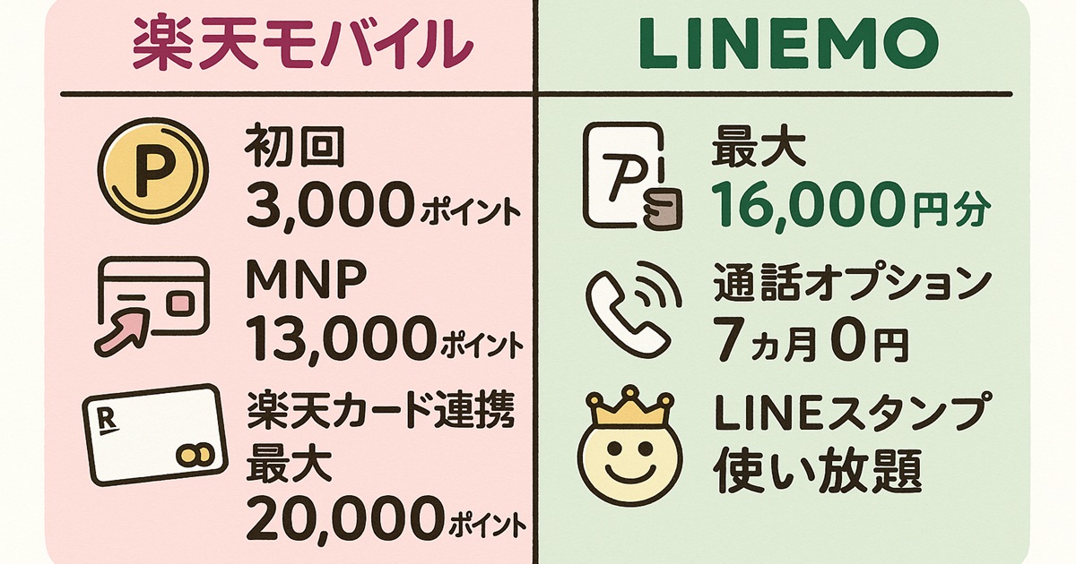 左がピンク背景で楽天モバイルの特典（初回3,000ポイント、MNP13,000ポイント、楽天カード連携最大20,000ポイント）をコイン・カードなどのイラストで表現。右はグリーン背景でLINEMOの特典（最大16,000円分、通話オプション7カ月無料、LINEスタンプ使い放題）をPayPay・電話・王冠アイコンで分かりやすくまとめたキャンペーン比較バナー。