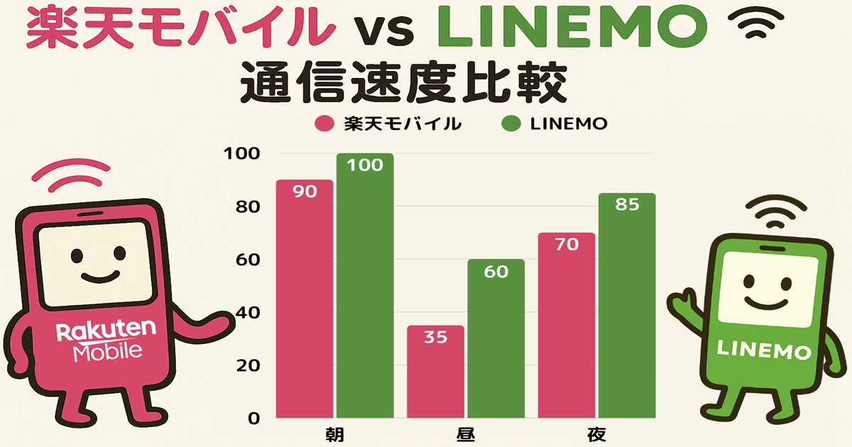 楽天モバイルとLINEMOの通信速度を「朝・昼・夜」の3つの時間帯で比較した棒グラフイラスト。左に楽天モバイルのピンク色キャラクター、右にLINEMOの緑色キャラクター。朝は楽天90Mbps／LINEMO100Mbps、昼は楽天35Mbps／LINEMO60Mbps、夜は楽天70Mbps／LINEMO85Mbpsを色分け棒グラフで表示。タイトルと凡例付きで一目で比較できるデザイン。