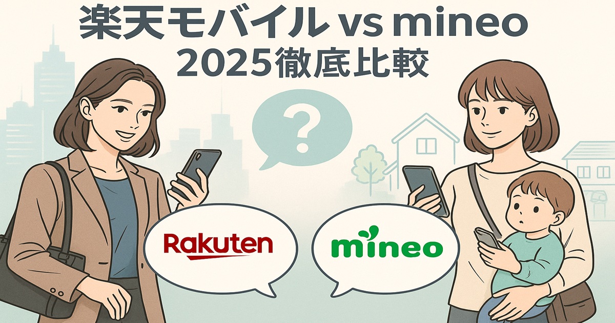 「楽天モバイルvs mineo 2025徹底比較」と大きく書かれたアイキャッチ。左に都市、右に住宅街と母子イラスト。吹き出しに楽天・mineoのロゴ入りで、2人の女性がスマホを持って比較しているイメージ。