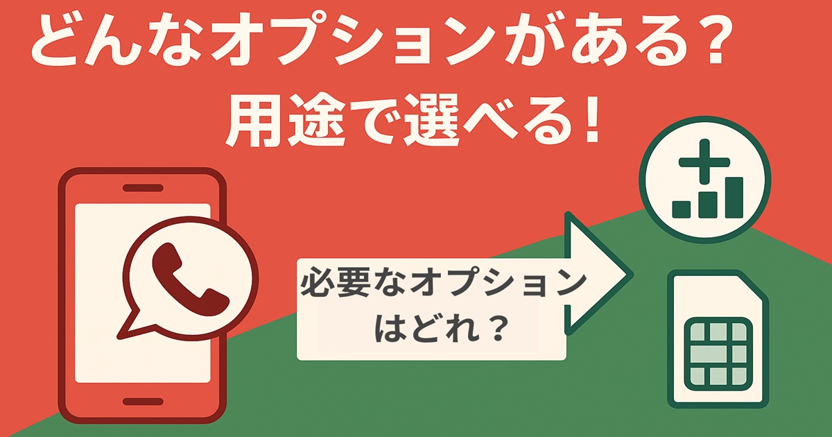 「どんなオプションがある？用途で選べる！」と書かれたバナー。左側にスマホと電話アイコン、右側にデータ追加やSIMカードのイラスト。中央に「必要なオプションはどれ？」というフキダシがある図解。