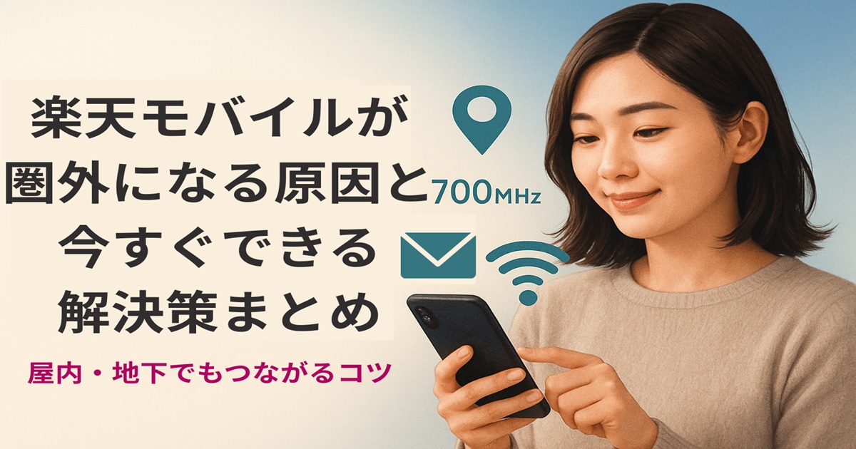 スマートフォンを操作する女性と「楽天モバイルが圏外になる原因と今すぐできる解決策まとめ」という文字が入った横長バナー画像。