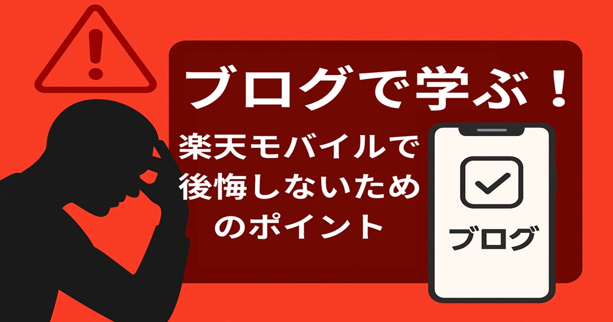 楽天モバイルで後悔しないためのポイントを解説するブログ記事のアイキャッチ。赤背景に悩む人のシルエットと注意アイコン、スマホとチェックマークのイラスト付き。