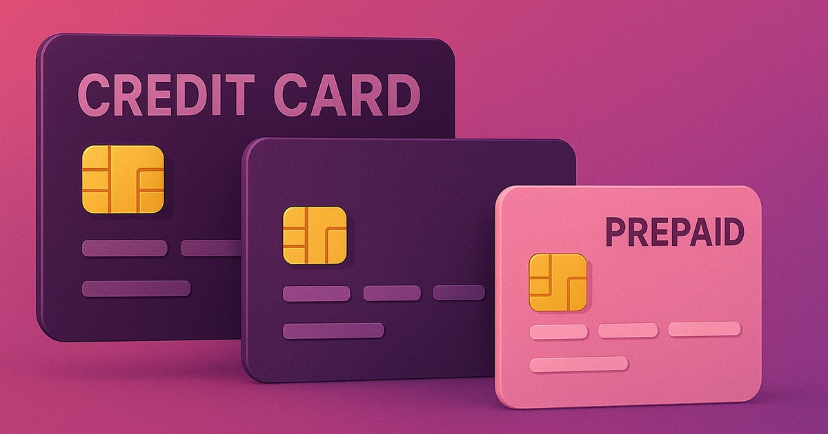 クレジットカード・デビットカード・プリペイドカードを並べたイラスト風バナー。カード種別の違いを象徴。