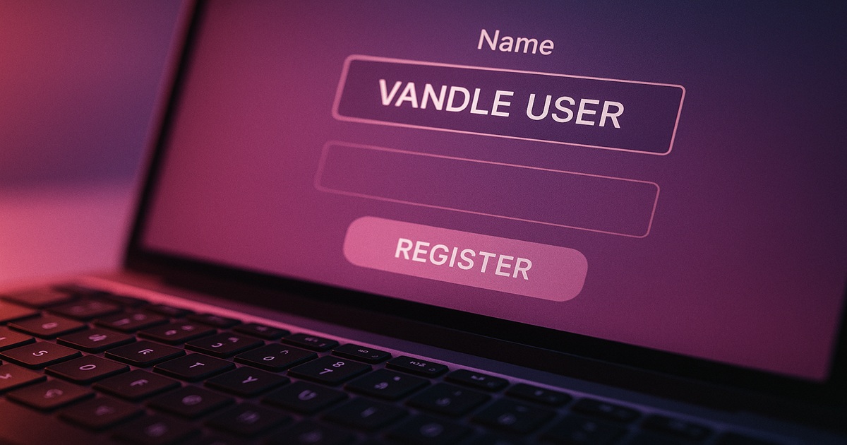 ノートPC画面に「VANDLE USER」と入力されたフォーム欄。入力項目実務のイメージ。