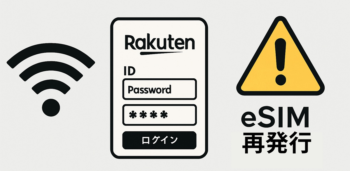 Wi-Fiマーク、楽天IDとパスワード入力画面、eSIM再発行の注意マーク