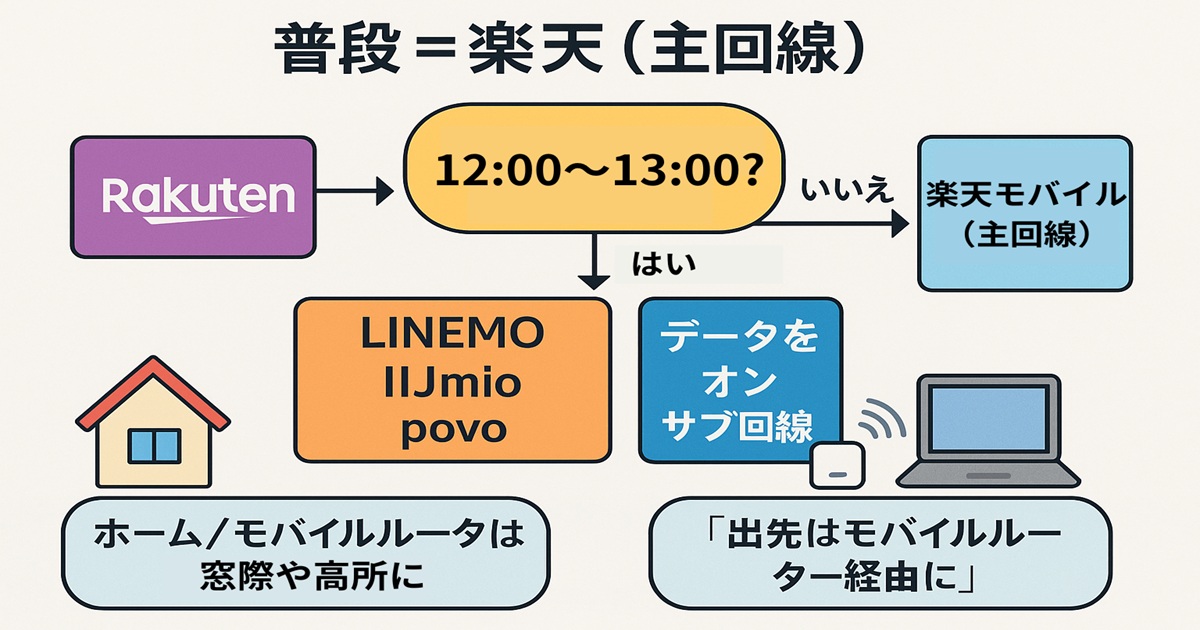 中央上部に「普段＝楽天（主回線）」と書かれ、12:00〜13:00の時間帯かどうかを判定するフローチャート。YESの場合はLINEMO、IIJmio、povoなどのサブ回線でデータ通信をONにし、13:00で楽天に戻す流れを示す。NOの場合は楽天のまま利用。下部には自宅でのホーム/モバイルルーター使用（窓際や高所）と、出先PCでのモバイルルーター経由利用のアイコン付き説明。