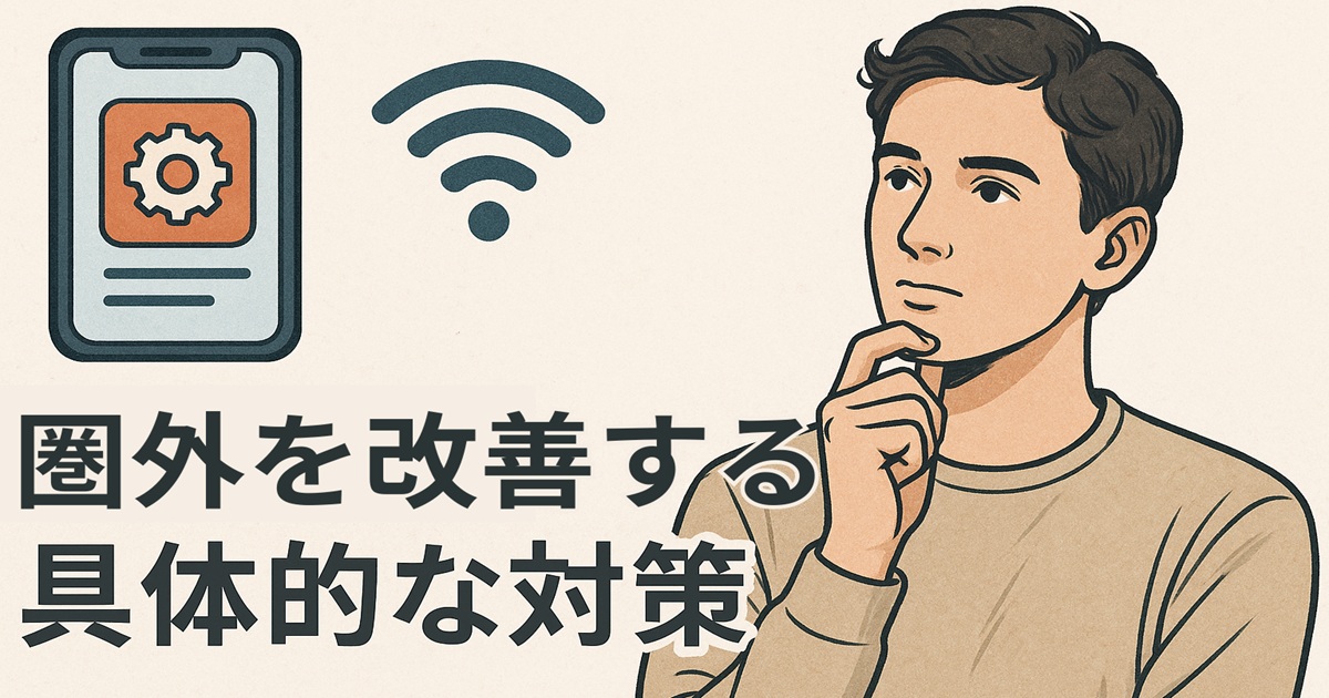 スマホとWi-Fiのイラスト、顎に手を当てて考える男性が描かれた「圏外を改善する具体的な対策」という文字のバナー画像。