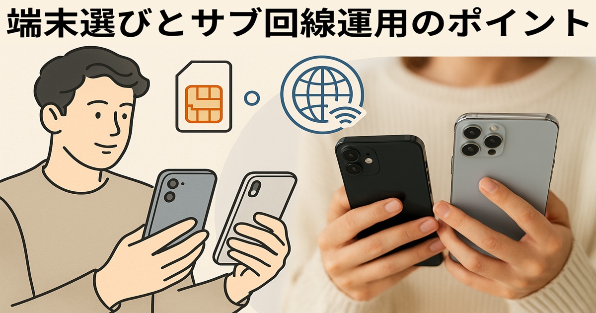 SIMカードと通信アイコン、2台のスマホを手に持つ人と、端末を見比べる男性イラストが描かれた「端末選びとサブ回線運用のポイント」という文字のバナー画像。