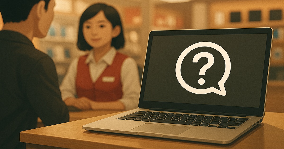 店舗カウンター前のノートPCにクエスチョン表示。サポート体制や店舗不足の不安を表すイメージ