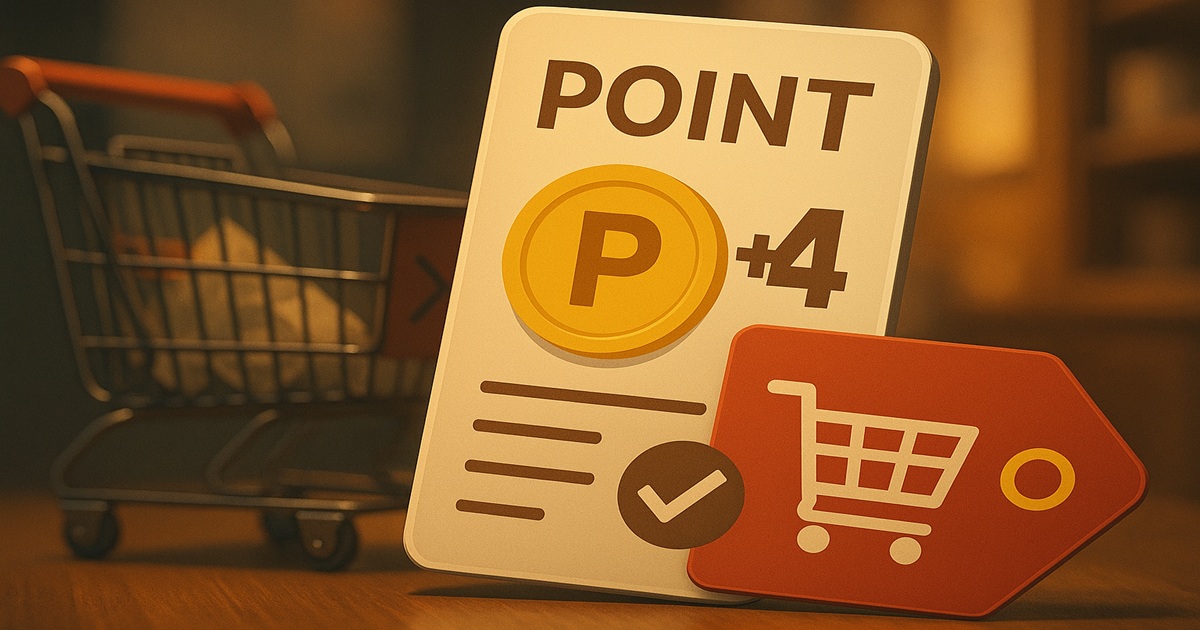 買い物カートと「P+4」表示。楽天経済圏のSPU+4倍でポイント還元を強調する説明用イメージ