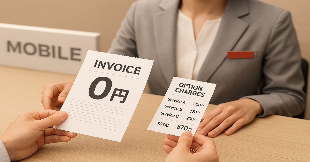 楽天モバイルの契約カウンターで「0円」と書かれた請求書と、横にオプション料金が記載されたレシートを持つ手元。初期費用は基本0円だが一部オプションに日割り料金が発生することを表現。