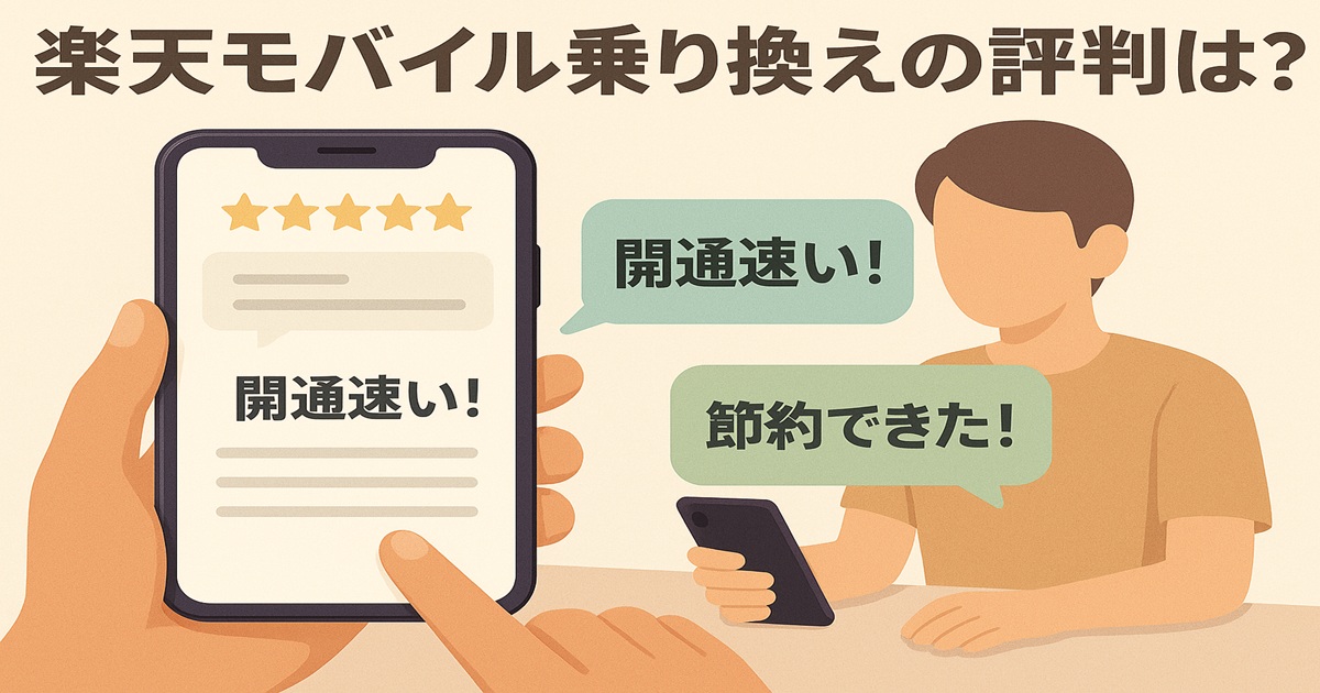 スマホを操作する人物と、その画面に「開通速い！」の口コミレビュー。横に吹き出しで「開通速い！」「節約できた！」と表示され、楽天モバイル乗り換えの評判を強調。