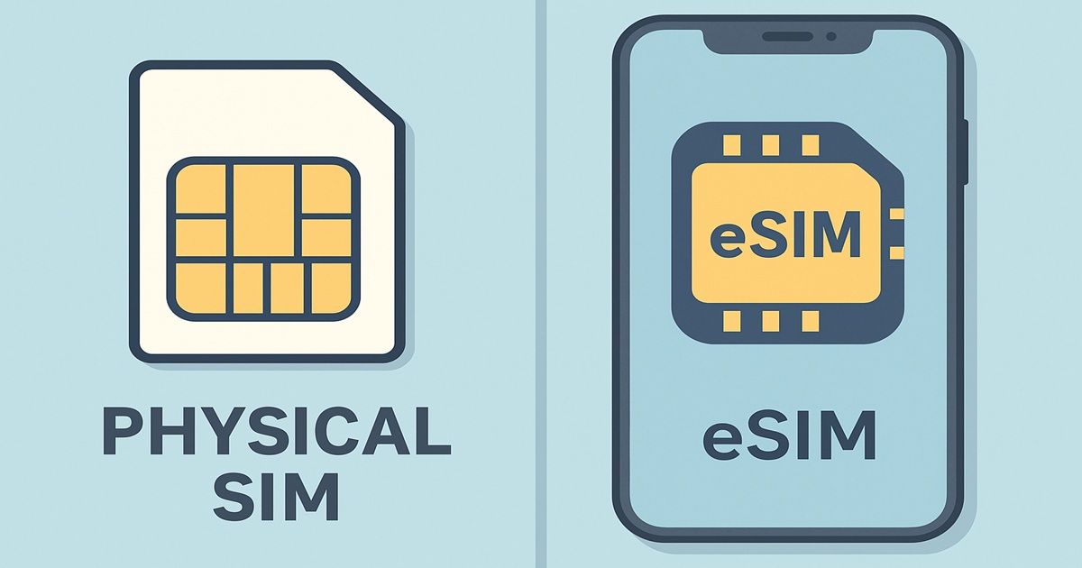 物理SIMカードとeSIMチップを搭載したスマートフォンの比較イラスト