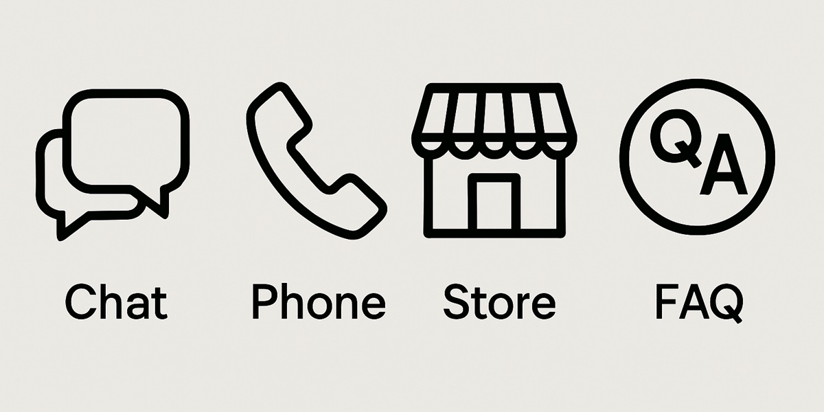 チャット、電話、店舗、FAQを示す4つの黒いアイコンが横一列に並んだシンプルなデザイン。